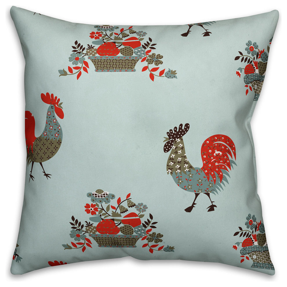 Rooster Pattern, Blue Outdoor Throw Pillow, 18"x18"