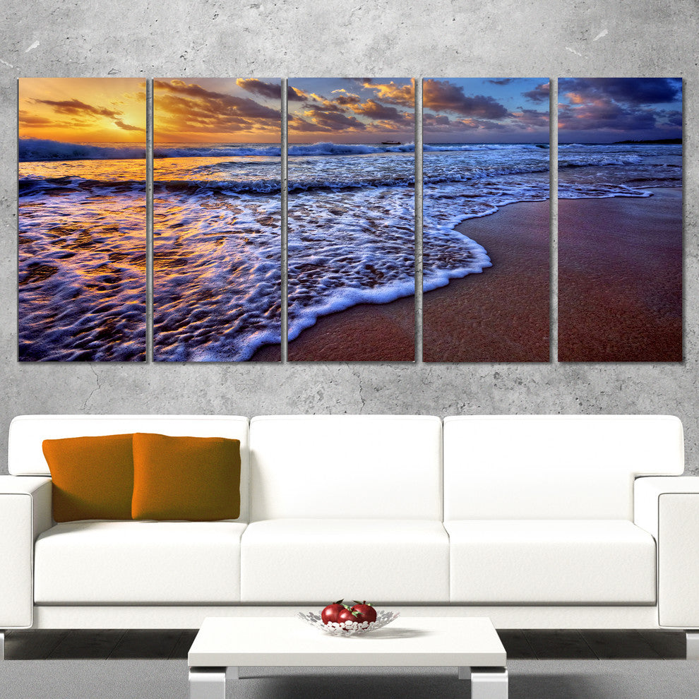Sunset over Blue Sea Waves, Seashore Canvas Art Print, 60"x28", 5 Panels
