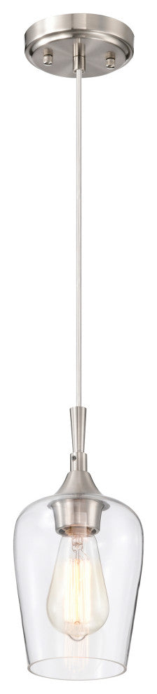 1-Light Brushed Nickel Modern Mini Pendant With Clear Glass Shade