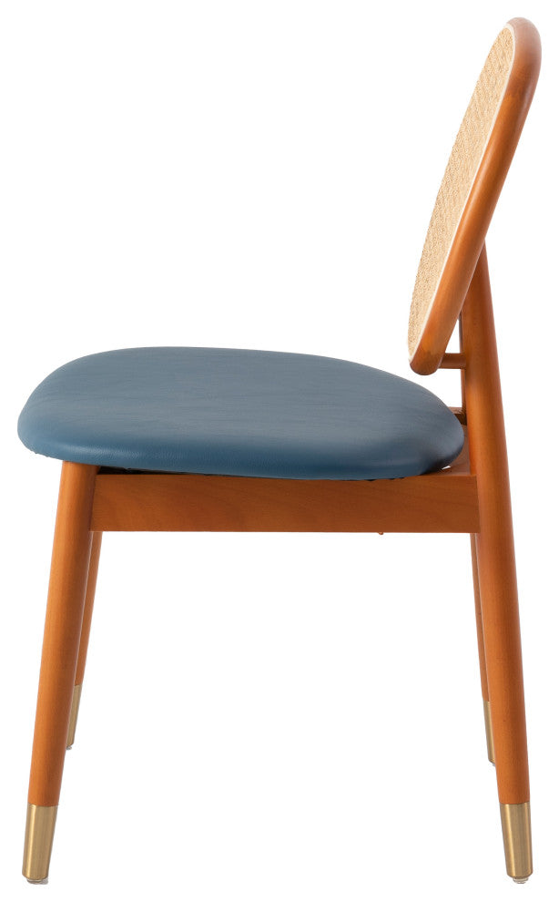 LeisureMod Holbeck Modern Dining Chair with Wood Legs and Wicker Back, Navy Blue