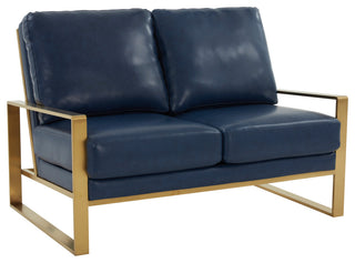 LeisureMod Jefferson Leather Modern Design Loveseat With Gold Frame, Navy Blue