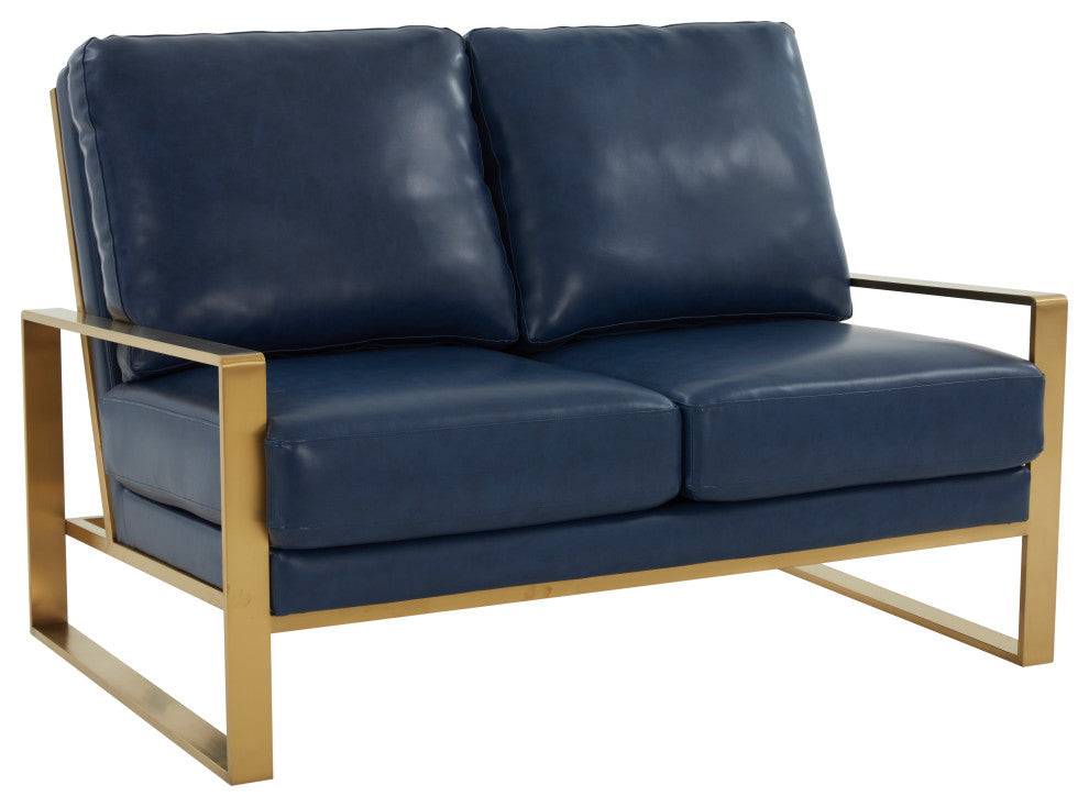 LeisureMod Jefferson Leather Modern Design Loveseat With Gold Frame, Navy Blue