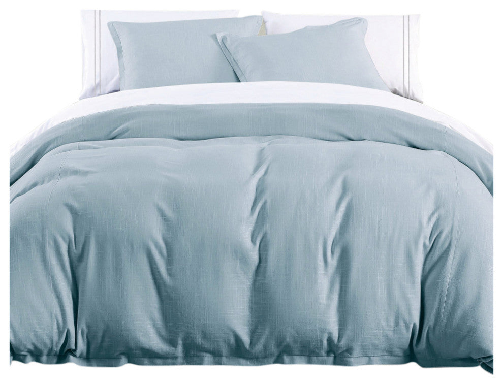 Hera Washed Linen Flange Comforter Set, 3 Piece, Light Blue, Queen