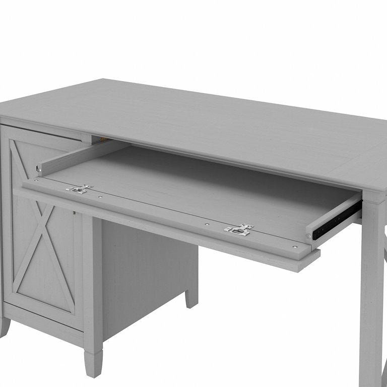 Farmhouse Desk, Wooden Frame With X-Accents & Spacious Cabinet, Cape Cod Gray