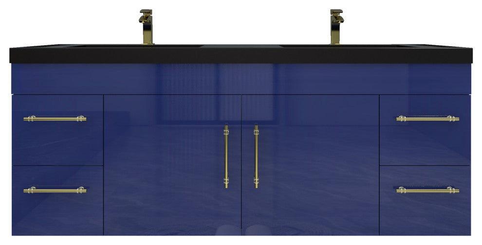 Rosa 60" Wall Mounted Modern Vanity, High Gloss Night Blue, Matt Black Top