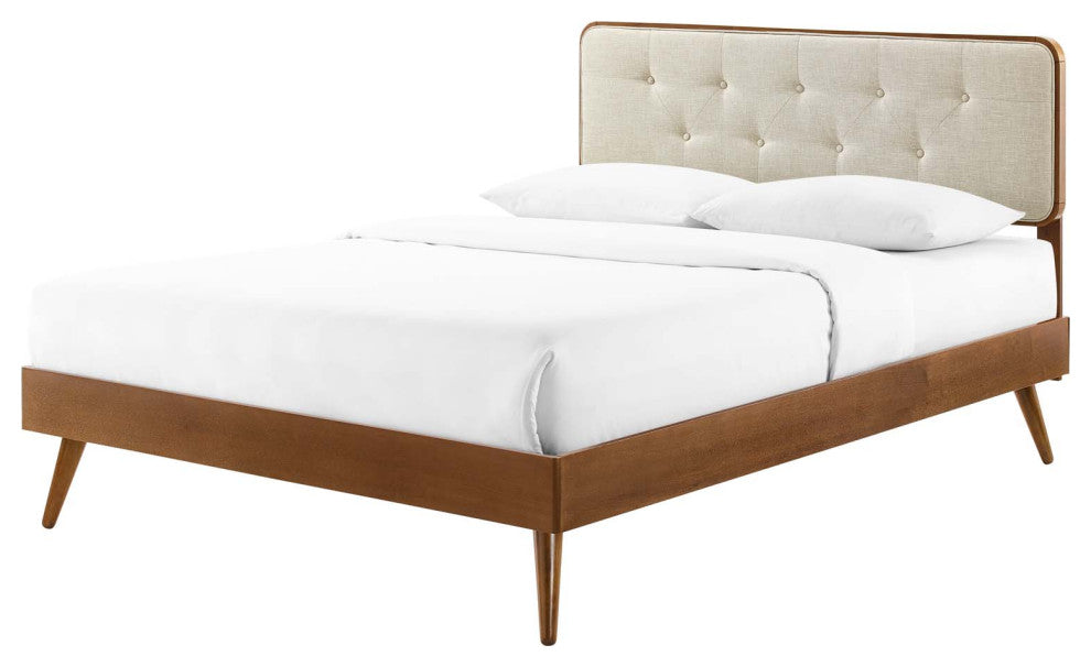 Platform Bed Frame, Queen Size, Fabric, Wood, Brown Walnut Beige, Modern