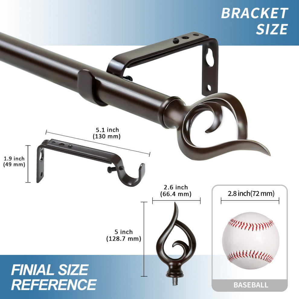 1" Flame Drapery Curtain Rod, Bronze, 84"-120"