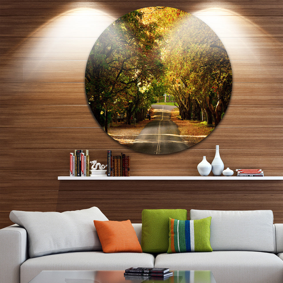 Road Through Beautiful Green Trees, Landscape Round Metal Wall Art, 36"