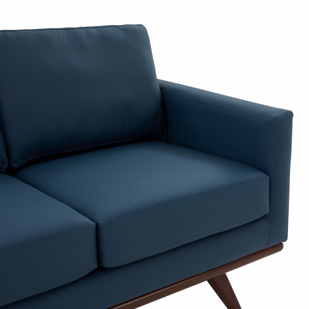 LeisureMod Chester Modern Leather Loveseat With Birch Wood Base, Navy Blue