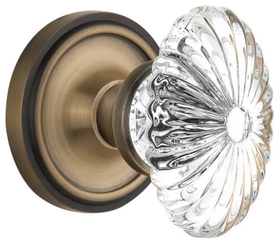 Single Classic Rosette With Oval Fluted Crystal Knob, Antique Brass