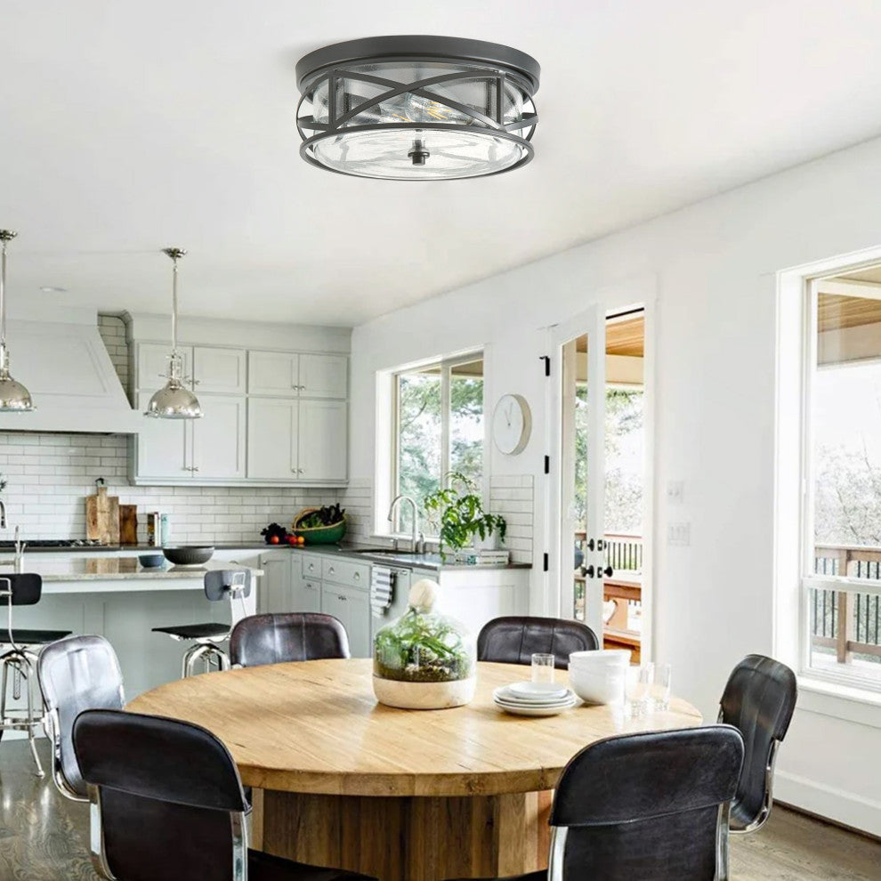 Farmhouse 2-Light Flush Mount Close to Ceiling Light with Seeded Glass Shade