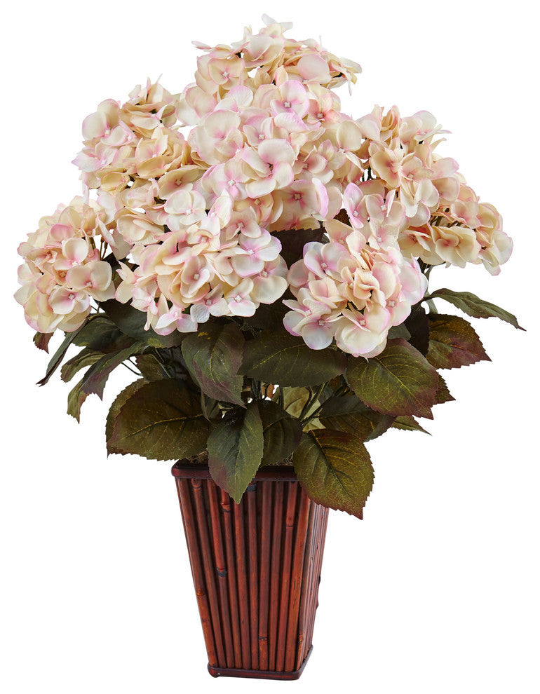 Hydrangea Silk Arrangement, Bamboo Planter, Cream Pink