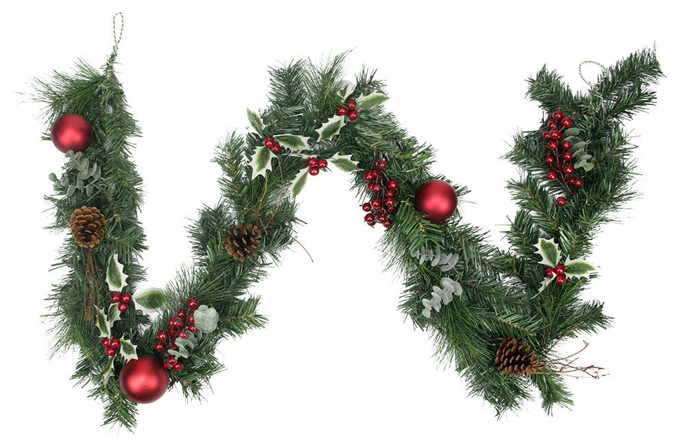 Pre-Decorated Holly Berry Pine Cone Twig and Ball Artificial Garland, 6'
