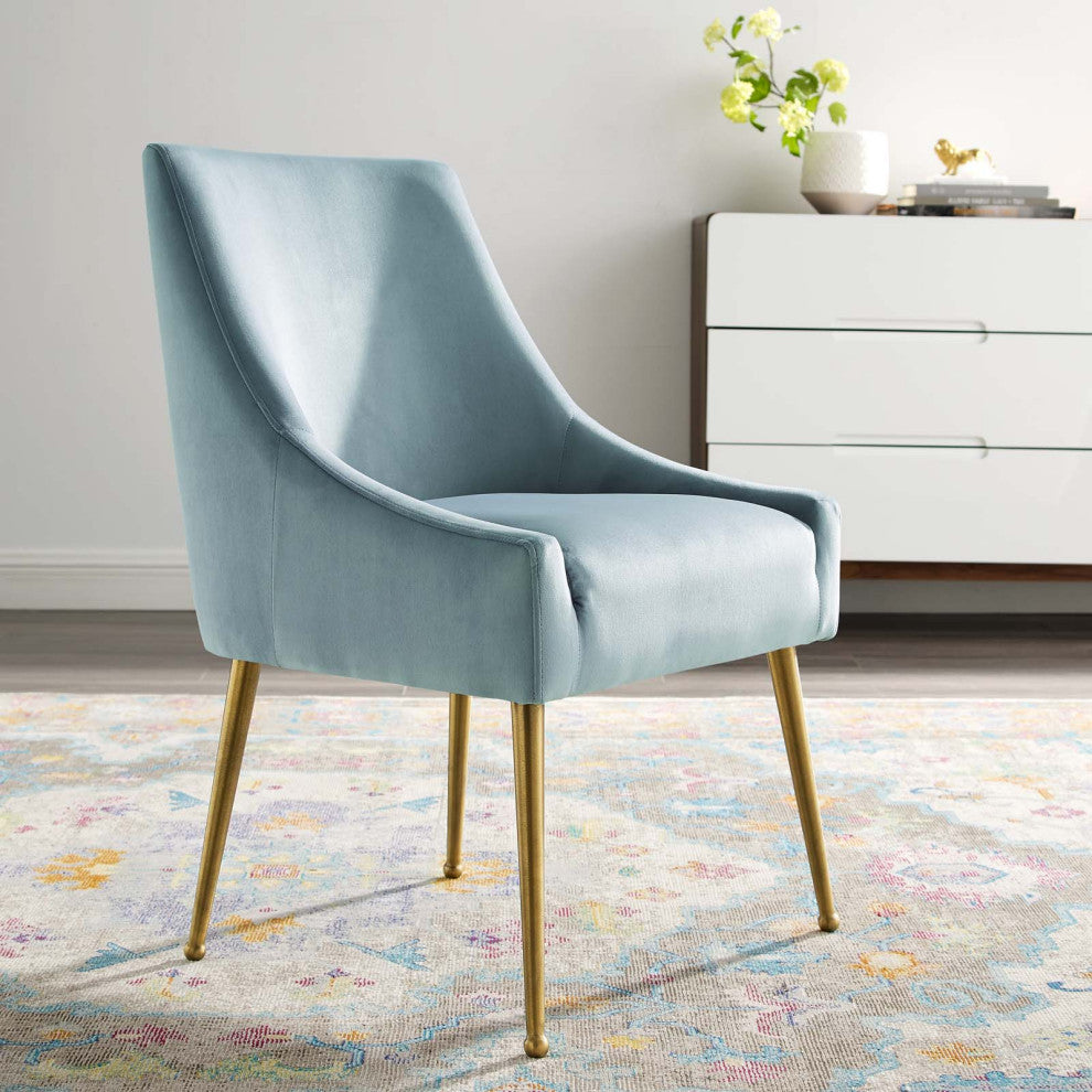 Contemporary Dining Room Side Dining Chair, Velvet Stainless Metal, Light Blue