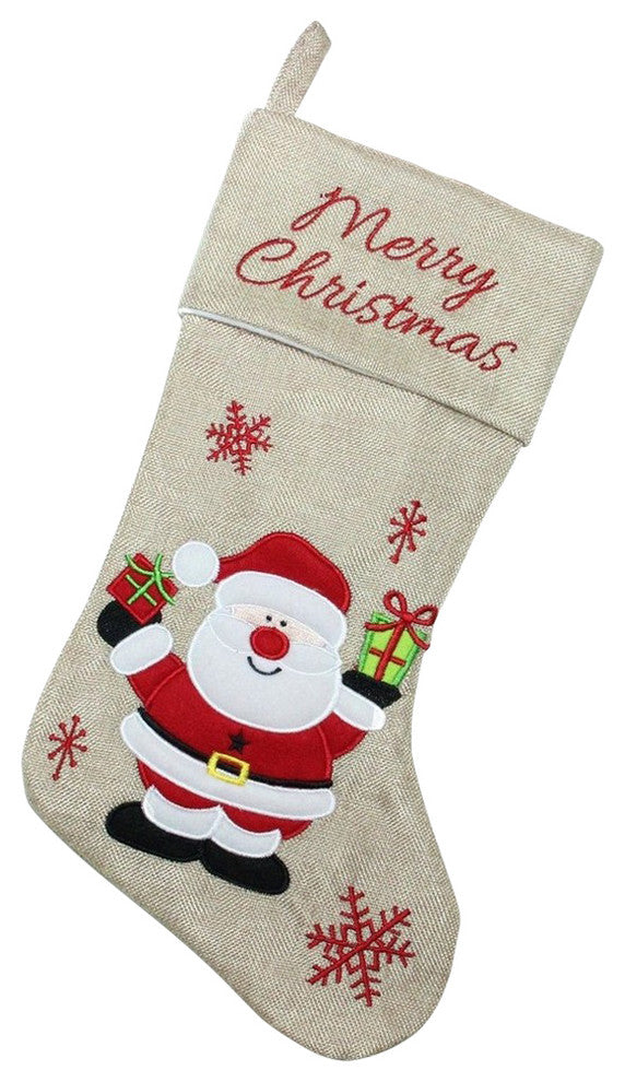 16" Burlap "Merry Christmas" Santa Claus Embroidered Christmas Stocking