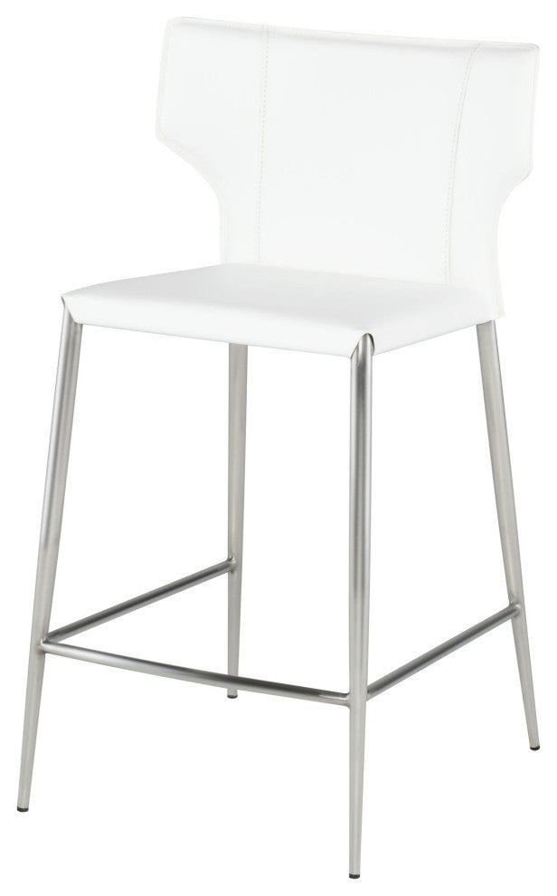 Wayne Counter Stool, White Leather, Brushed Stainless Steel Legs