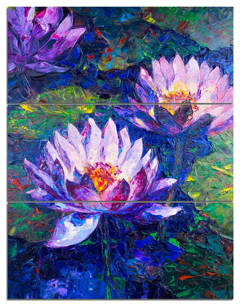 "Blue Lotus Oil Painting" Glossy Metal Wall Art, 3 Panels, 28"x36"