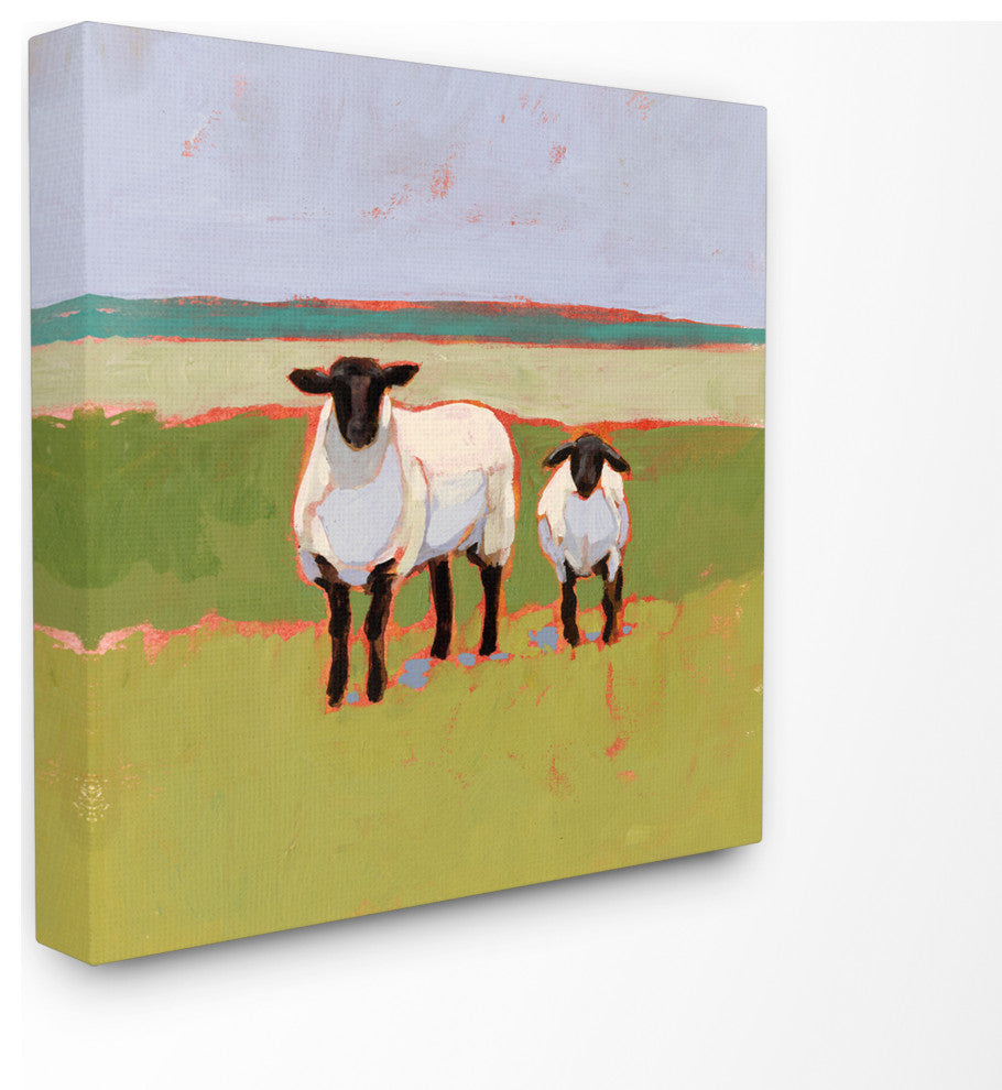 Sheep Pasture Farm Landscape Green Red Painting 24"x24" Canvas Art