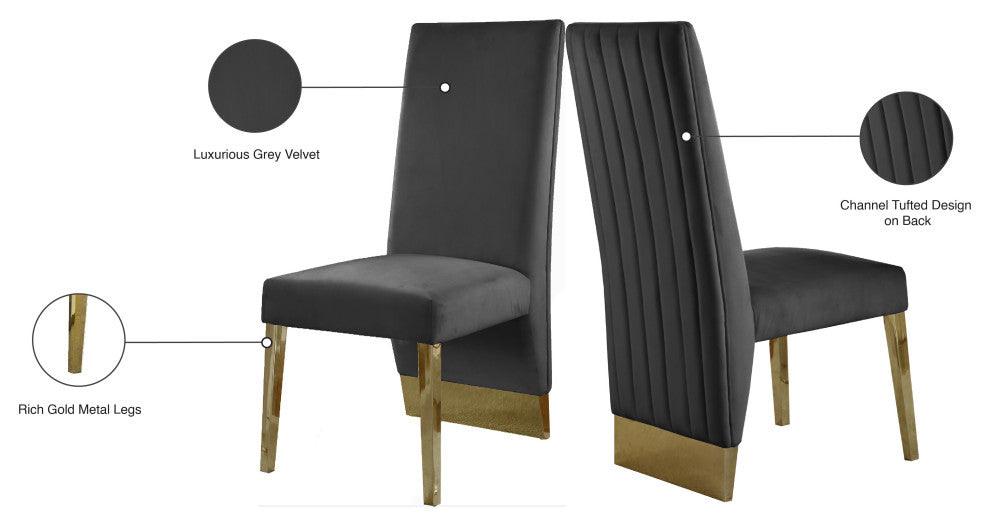Porsha Dining Chair, Set of 2, Gray Velvet, Gold Legs