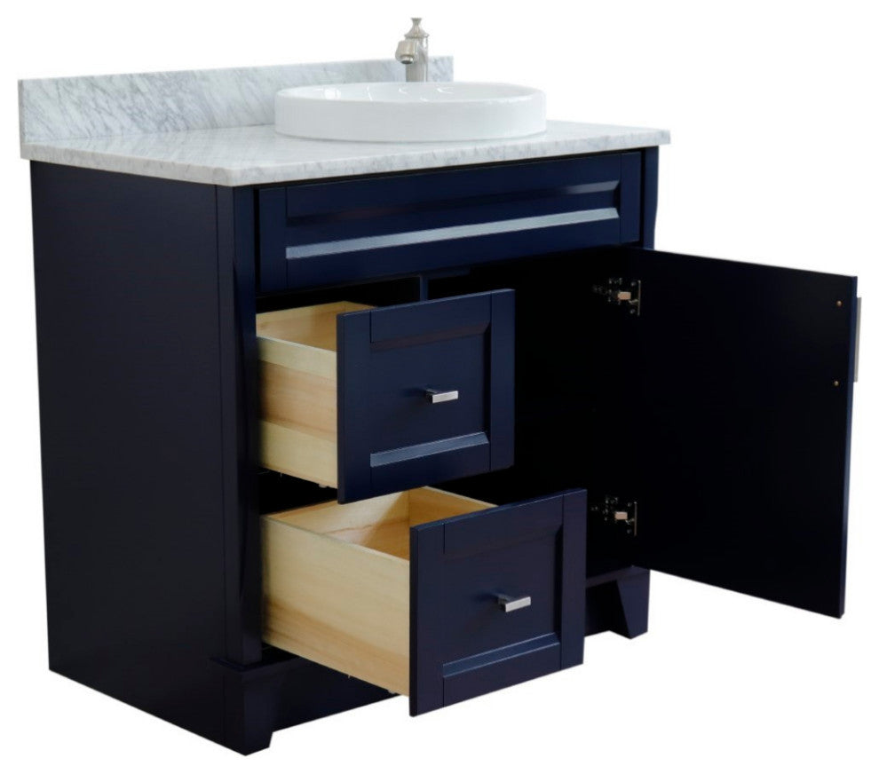 37" Single Sink Vanity, Blue Finish With White Carrara Marble