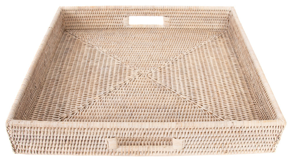 Artifacts Rattan™ Square Ottoman Tray with Cutout Handles, White Wash, 18"x18"