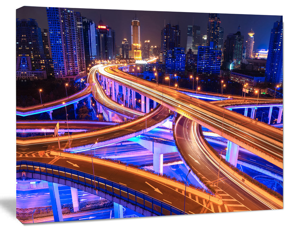 Colorful City Overpass at Night, Cityscape Canvas Art Print, 20"x12"