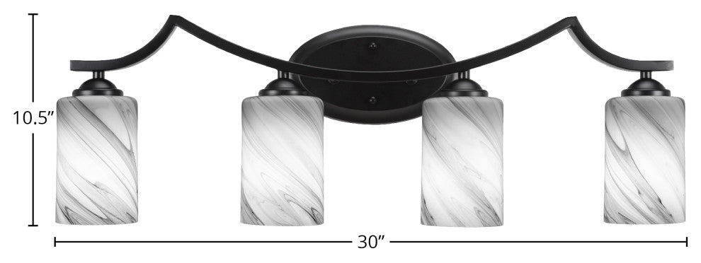 Zilo 4 Light Bath Bar Shown, Matte Black Finish With 4" Onyx Swirl Glass