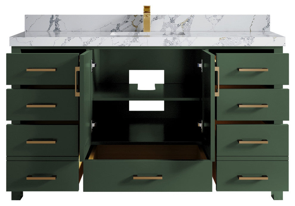 Malibu 60 Single Sink Vanity in Lafayette Green 2" Calacatta Poanazzo