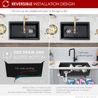Stylish 28" Dual Mount Single Bowl Black Granite Kitchen Sink