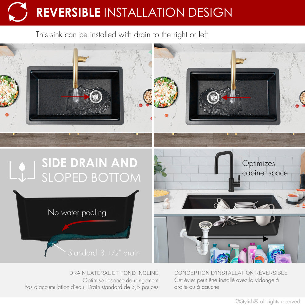Stylish 28" Dual Mount Single Bowl Black Granite Kitchen Sink