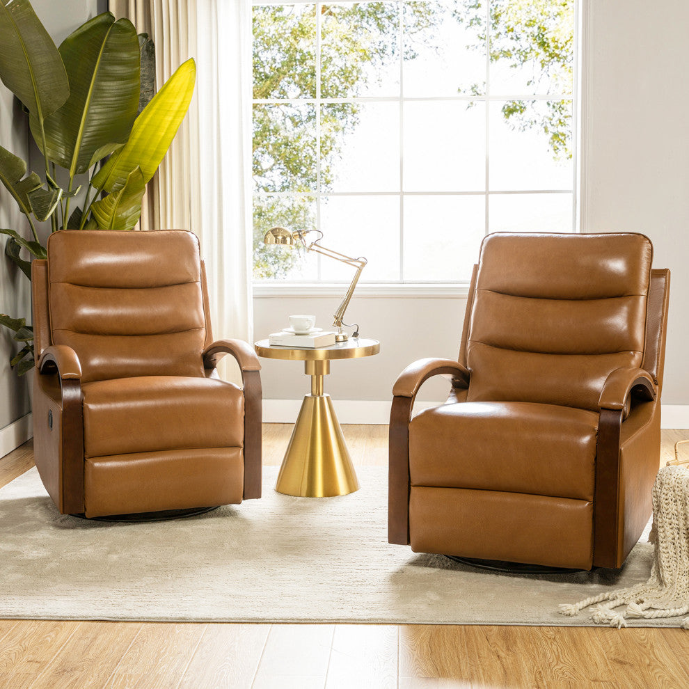 Konradin Genuine Leather Swivel Rocking Manual Recliner Set of 2, Camel