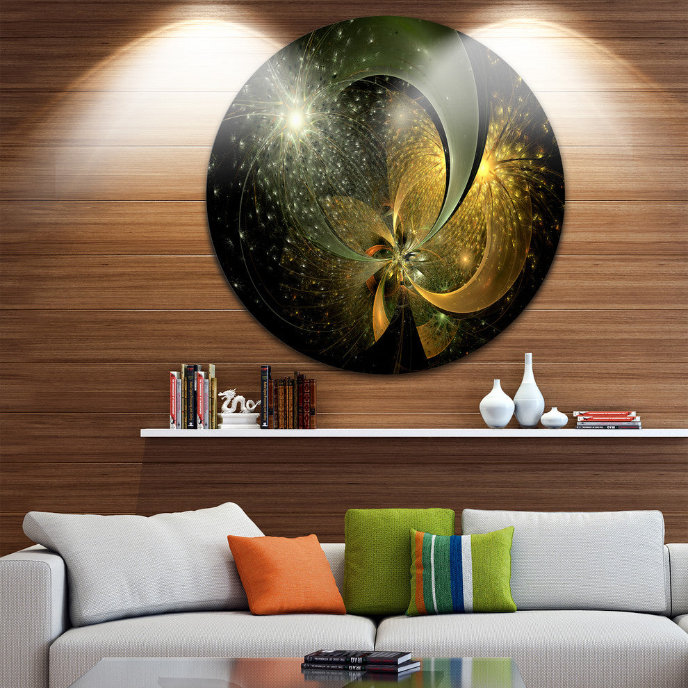 Golden Fractal Flower With Silver Star, Floral Disc Metal Artwork, 11"
