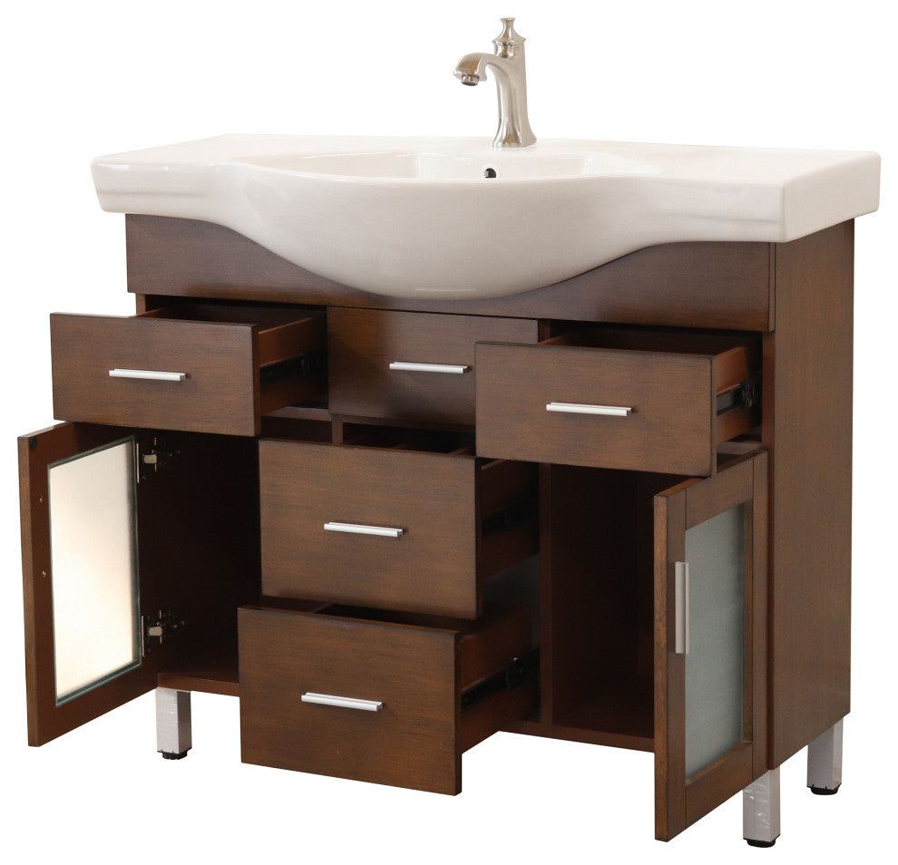 39.8" Single Sink Vanity, Wood, Walnut, 4 Drawers