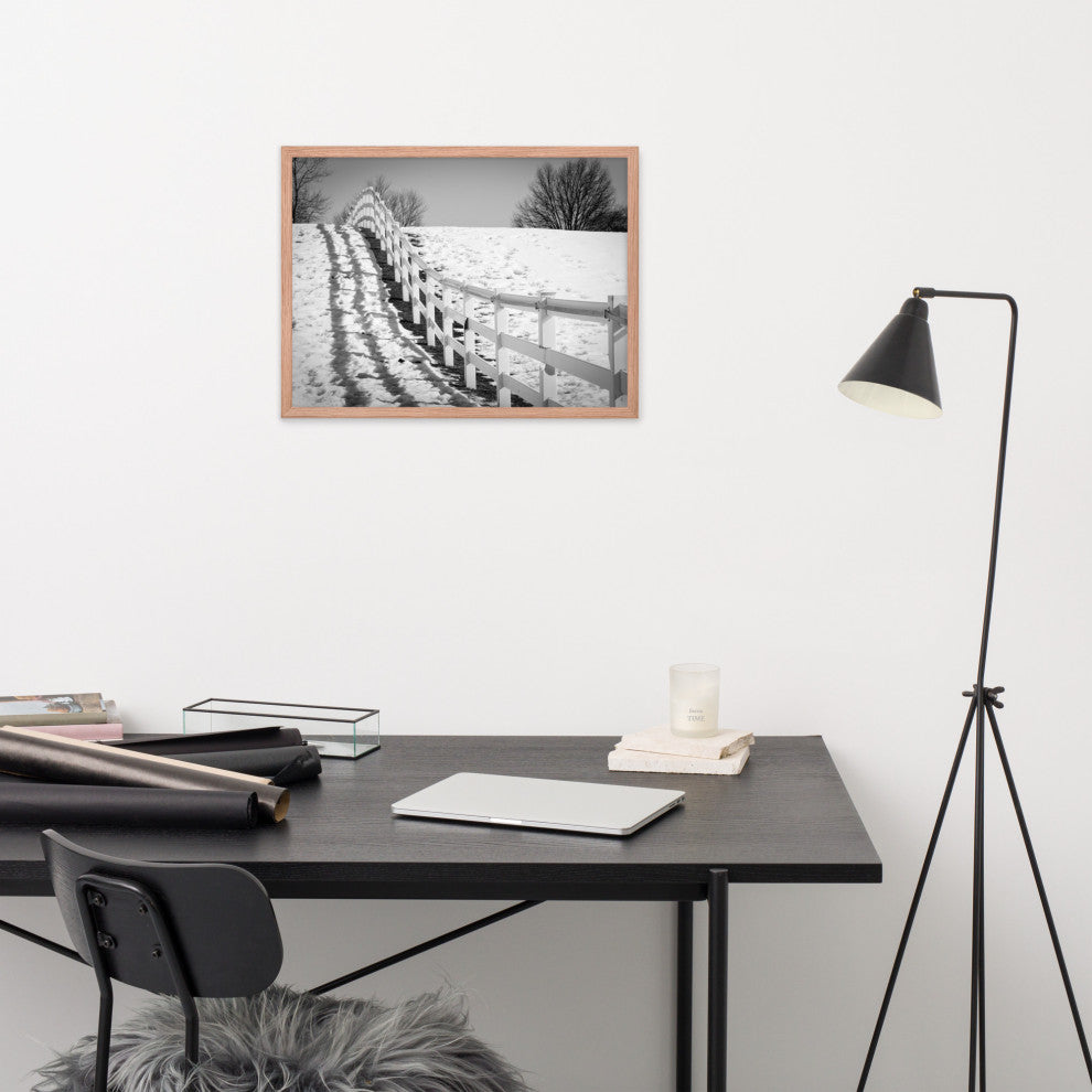 Endless Fences in Black & White Rural Landscape Framed Photo Paper Art Prints, Red Oak, 18" X 24"