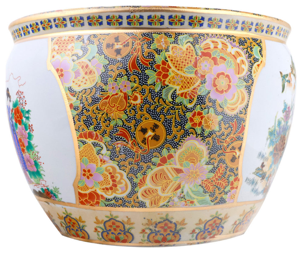 Chinese Porcelain Fish Bowl Planter, Satsuma Peacocks, 14"
