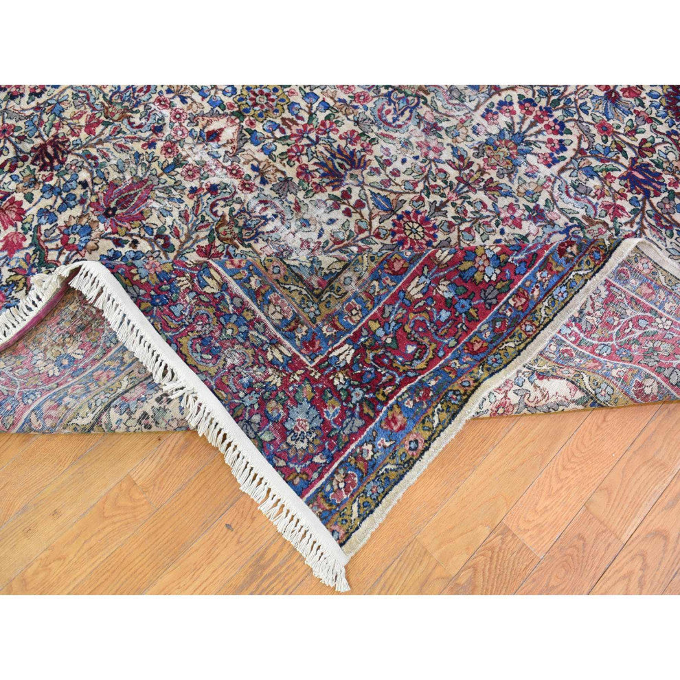 Beige Antique Persian Kerman with Areas of Wear Distressed Clean Rug, 8'9"x11'3"