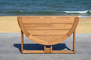Outdoor Folding Dining Table, Round Eucalyptus Wood Top, Teak Color