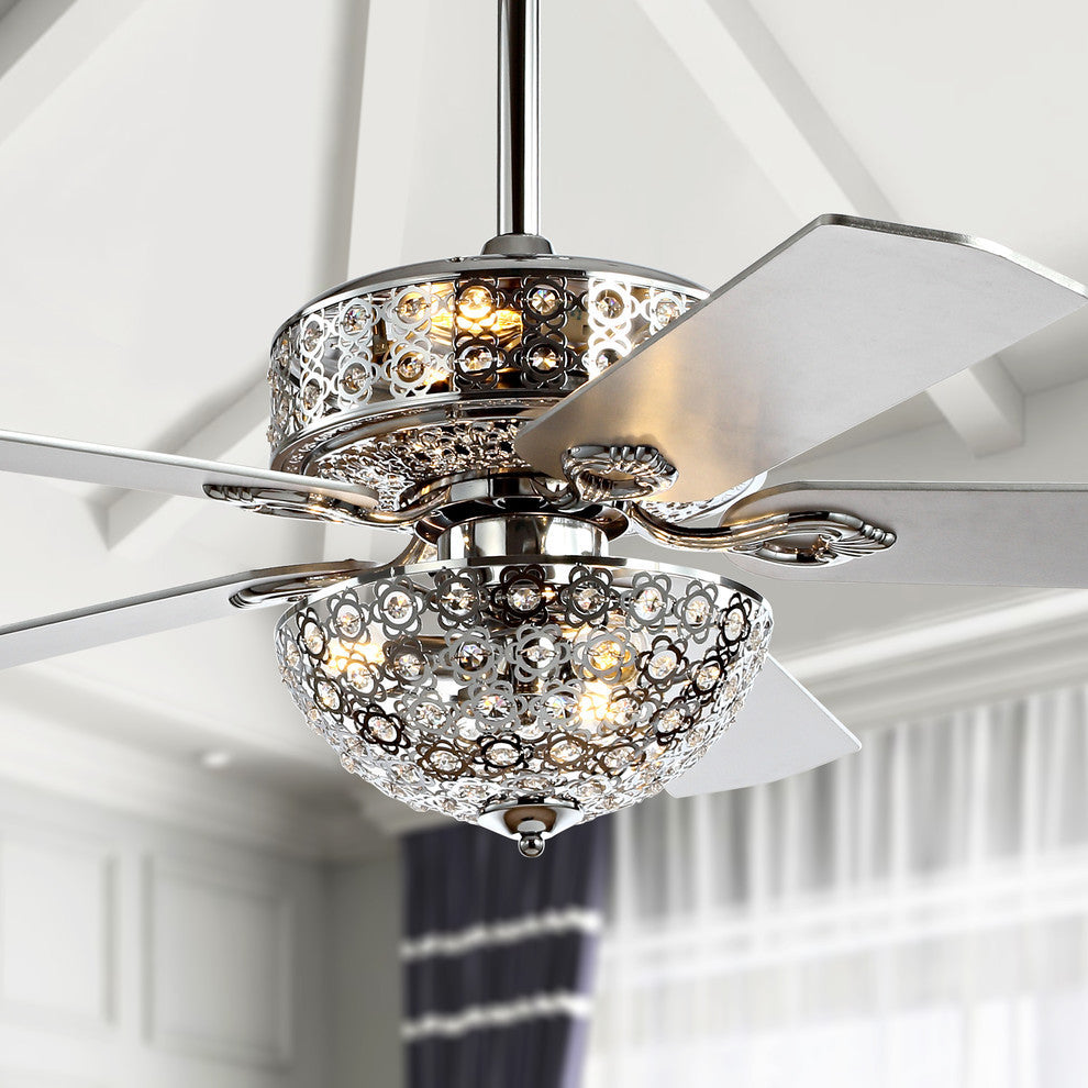 Zara 52" Filigree 6-Light Metal and Wood LED Ceiling Fan, Chrome