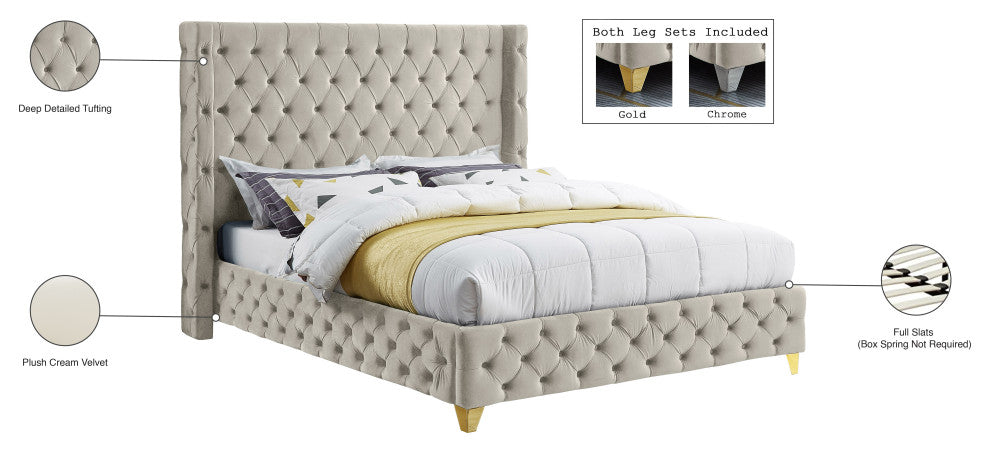 Savan Velvet Upholstered Bed, Cream, Full