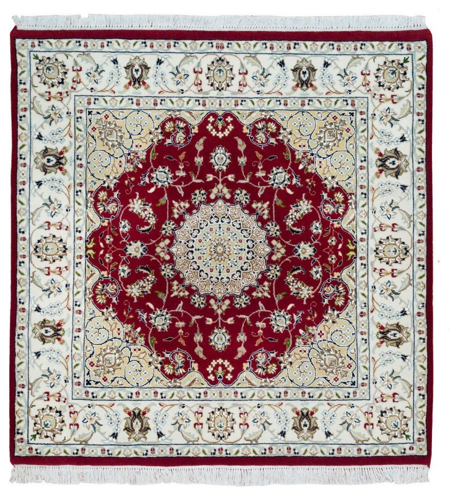 Burgundy Red, Hand Knotted, Nain Design, 250 KPSI Wool Square Rug, 4'1"x4'1"