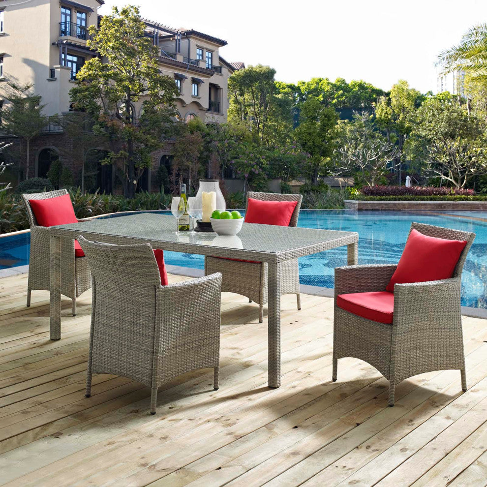 Side Dining Chair and Table Set, Rattan, Wicker, Gray Red, Modern, Outdoor