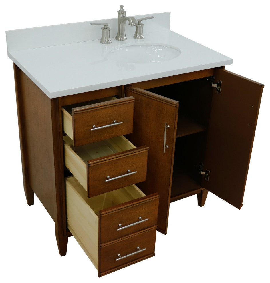 37" Single Vanity, Walnut Finish With White Engineered Stone Top