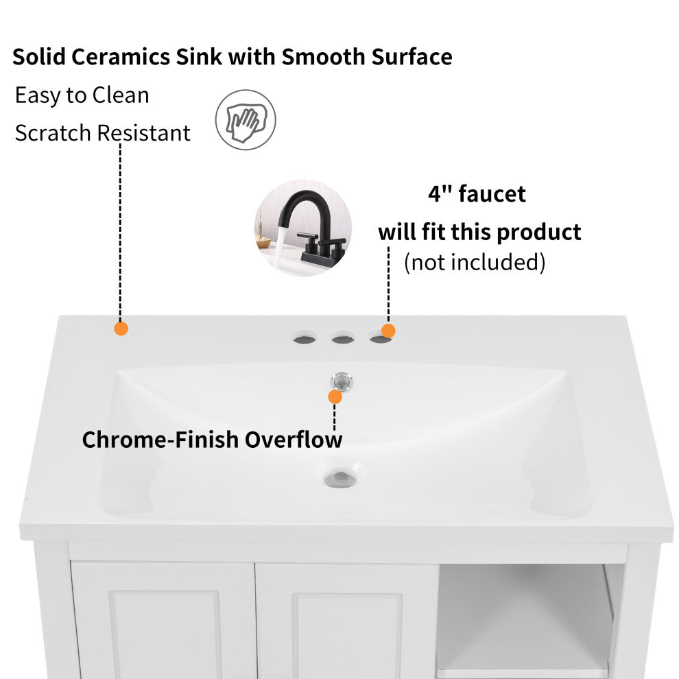 30" W x 18., D. x 32" H Bath Vanity, White Ceramic Top, White
