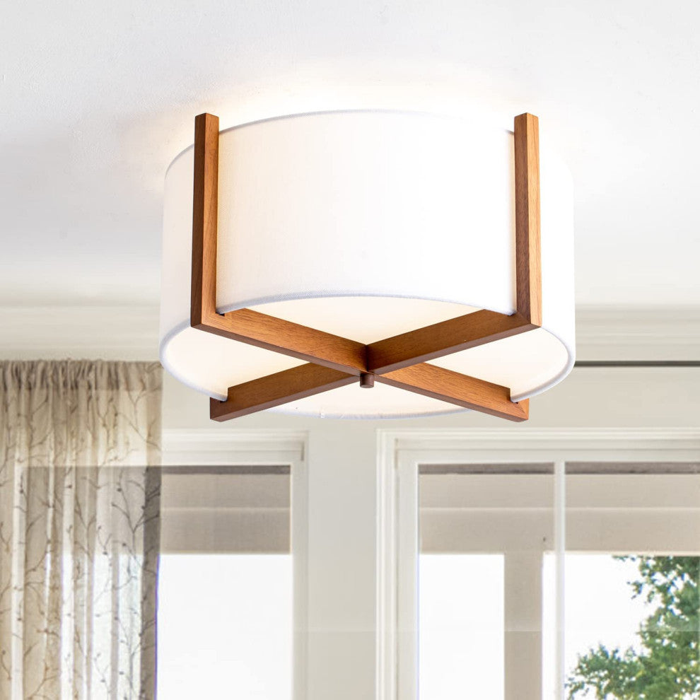 Wood Semi Flush Mount Ceiling Light Fixture, Off White Fabric Shade