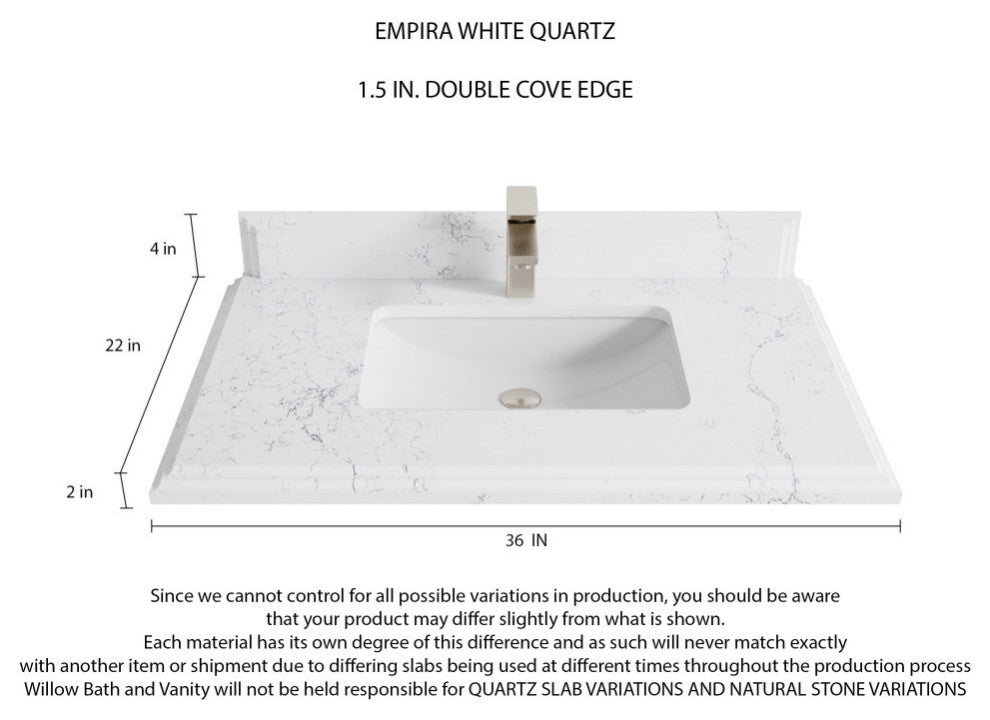 Sonoma 36 Center Sink Reeded Bath Vanity in White 1.5" Empira Quartz