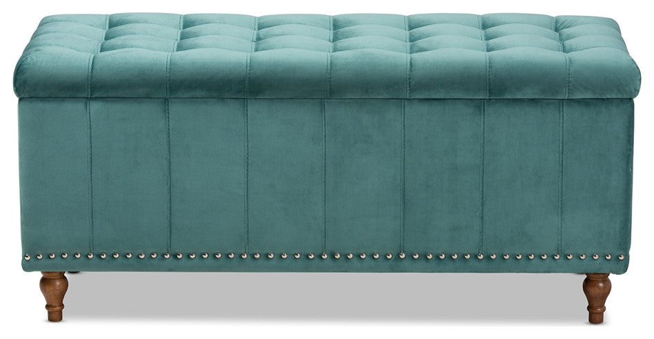Modern Teal Blue Velvet Fabric Upholstered Button-Tufted Storage Ottoman Bench