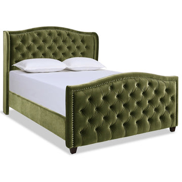 Marcella Upholstered Tufted Shelter Wingback Panel Bed, Olive Green Performance Velvet, Queen