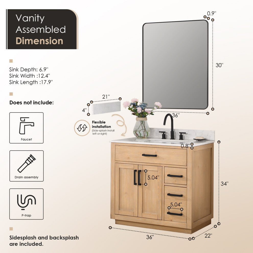 Gavino Vanity With Grain White Composite Stone Top, Light Brown/Matte Black, 36", With Mirror