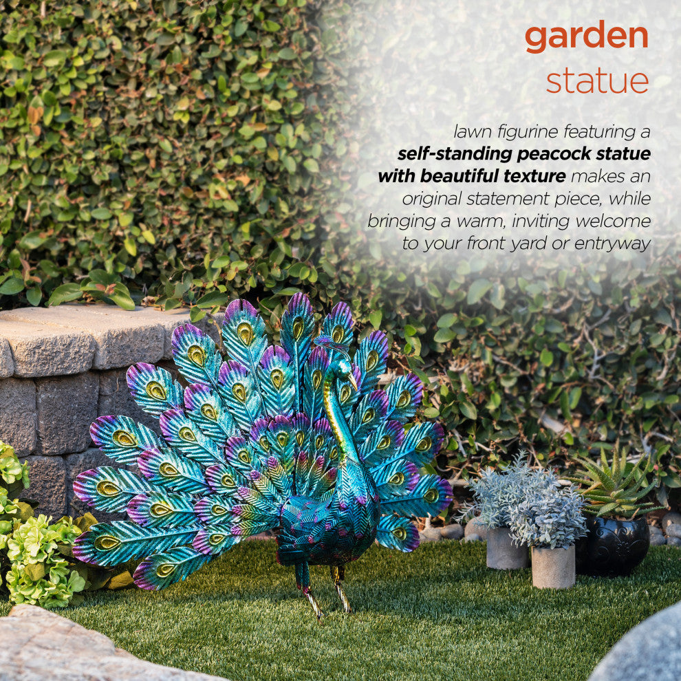 Alpine Metal Peacock Outdoor Statue, 22"Tall