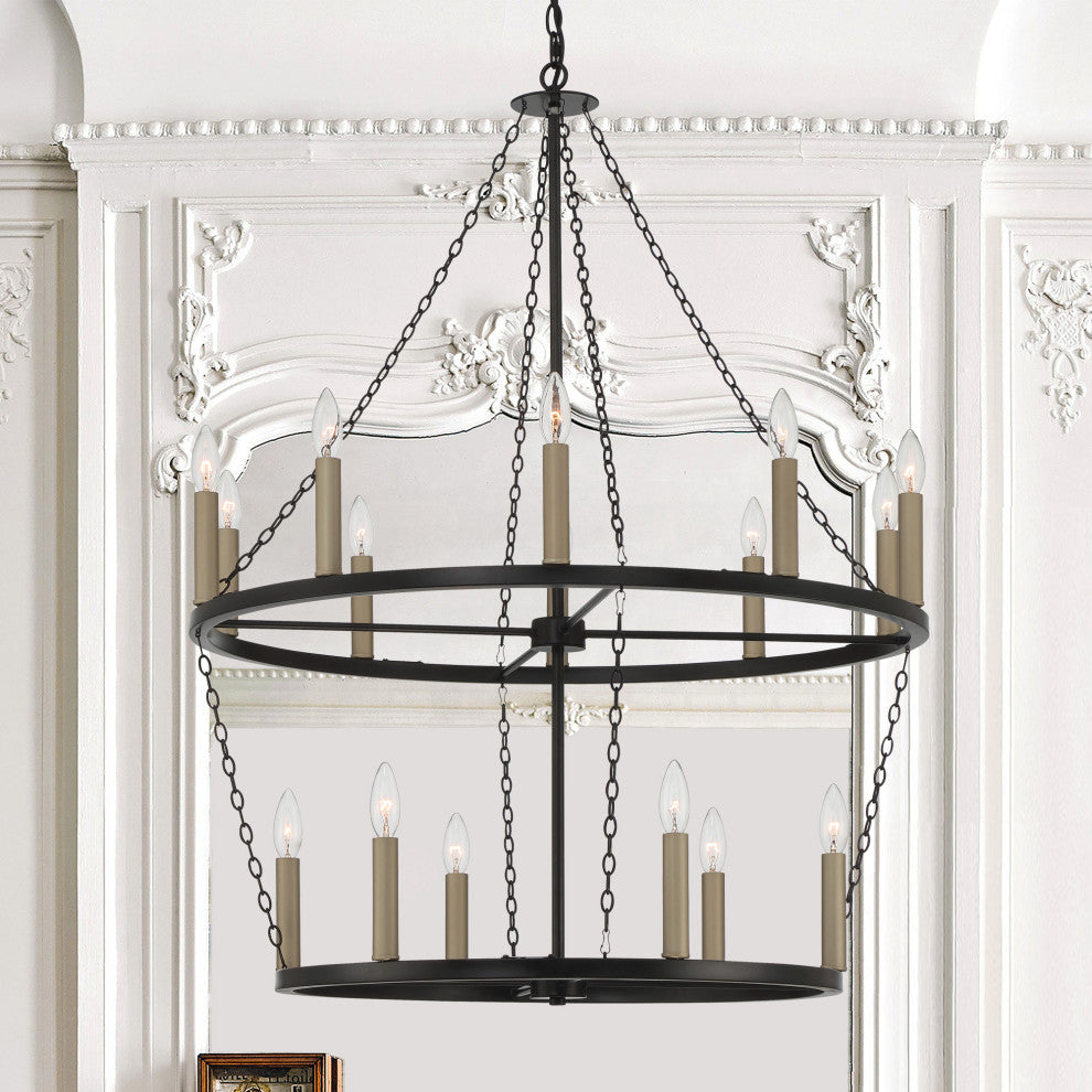 16-Light Candle Style Wagon Wheel Chandelier, Classic Black/Brass Dust